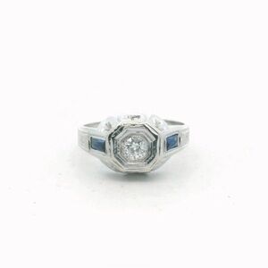Art Deco 18K White Gold Natural Diamond & Lab Created Sapphire Ring